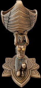 Monumental egyptisk skulptur skål med udbredte vinger (Horus symbol) og to kvindefigurer på Lotus base